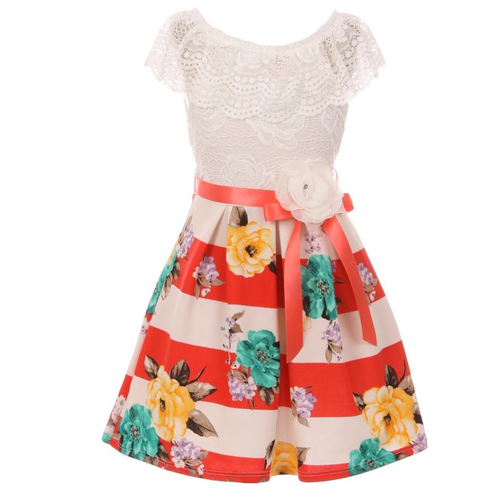 Cold Shoulder Floral Stripe Holiday Party Easter Graduation Flower Girl Dress